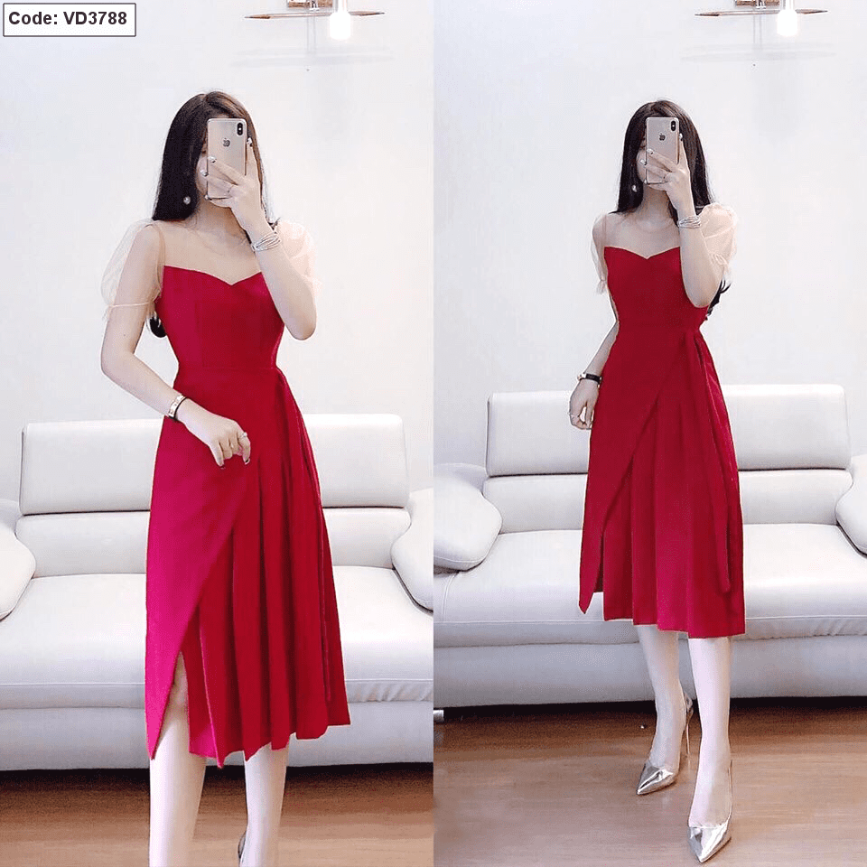 Đầm lụa đỏ phối lưới DK-0646 – Evamoda - Thời trang đẳng cấp