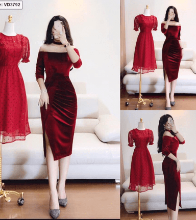 Đầm Nhung Body Trễ Vai Cài Hoa - ANNSHOP.VN