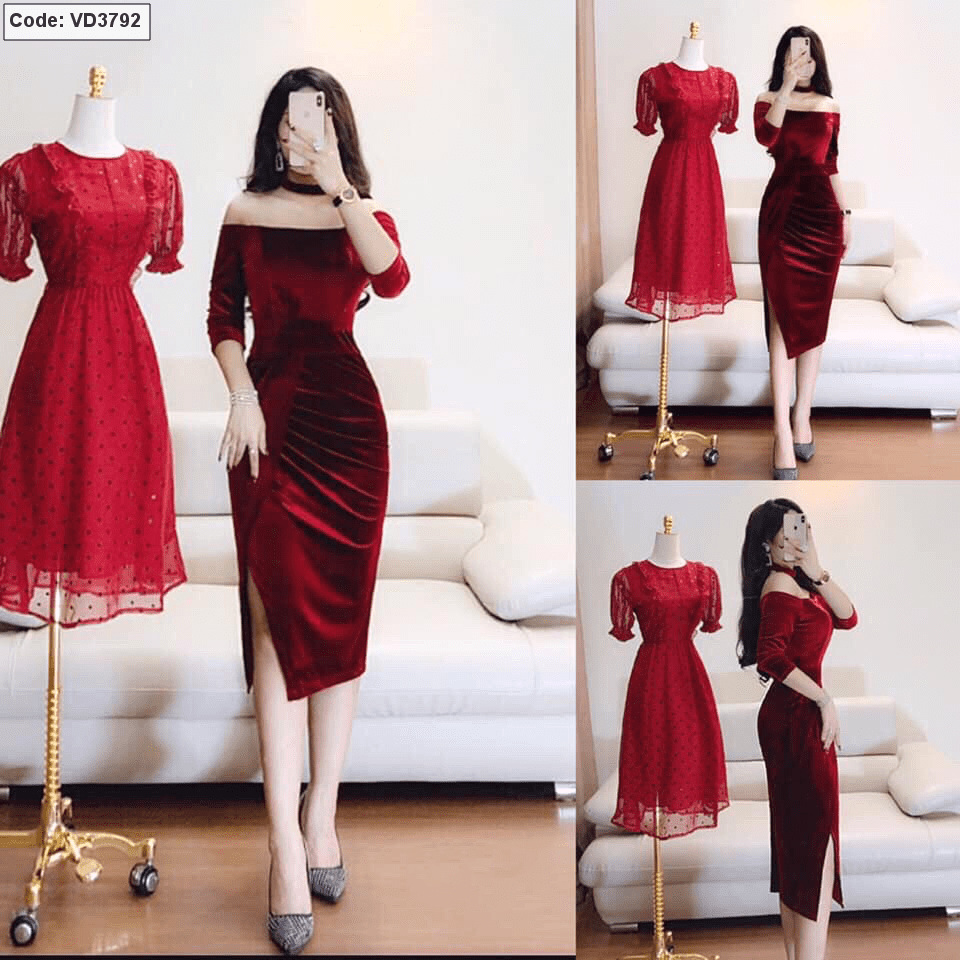 Đầm nhung đỏ đô xòe dáng dài thời trang thu đông ngực nụ tay ngọc sang  chảnh - Đầm, váy nữ | ThờiTrangNữ.vn