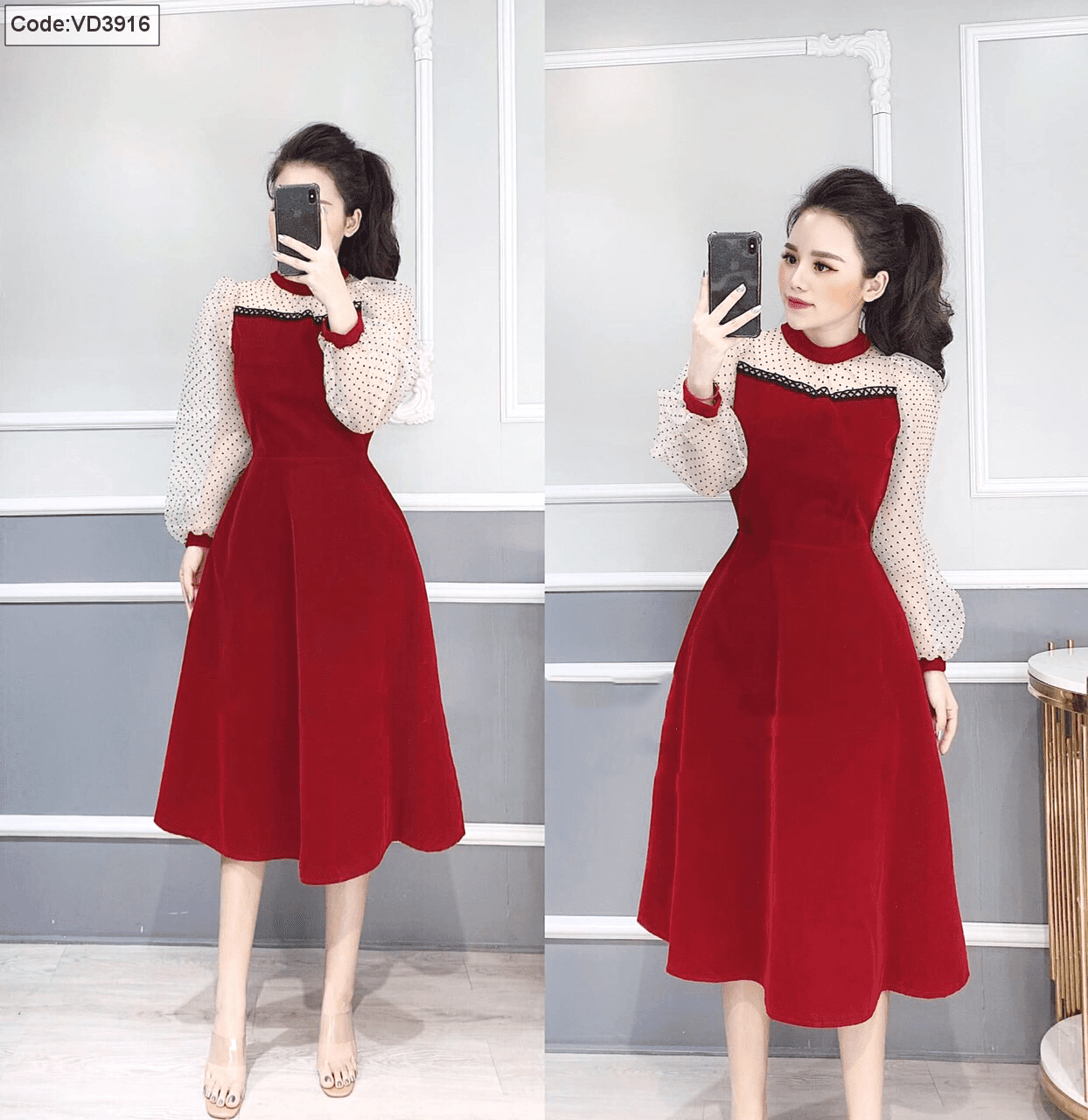 Đầm xòe kiểu tay dài cổ cúp ngực (Đỏ) | AlvinStore.Vn