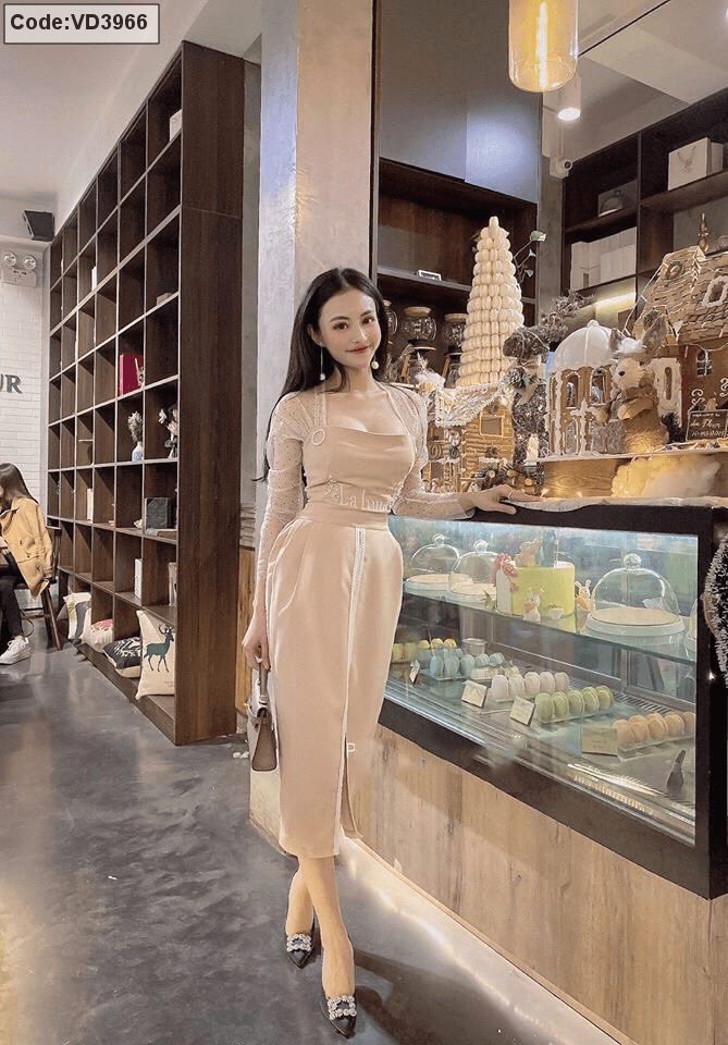 Nơi sỉ đầm body kem thêu eo viền ren tay lưới bi