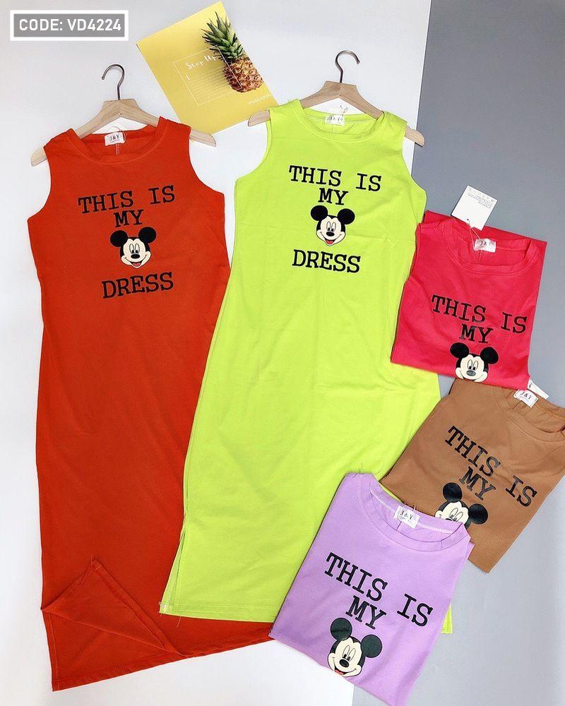 Đầm suông nữ xẻ tà Mickey hàng QC