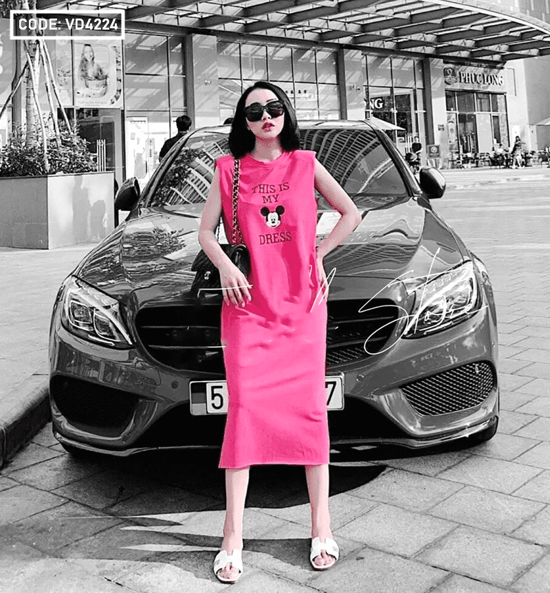 Đầm suông nữ xẻ tà Mickey hàng QC