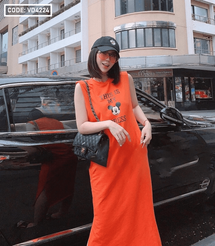 Đầm suông nữ xẻ tà Mickey hàng QC