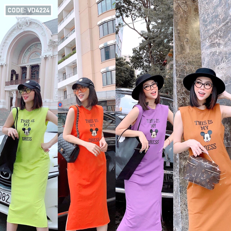 Đầm suông nữ xẻ tà Mickey hàng QC