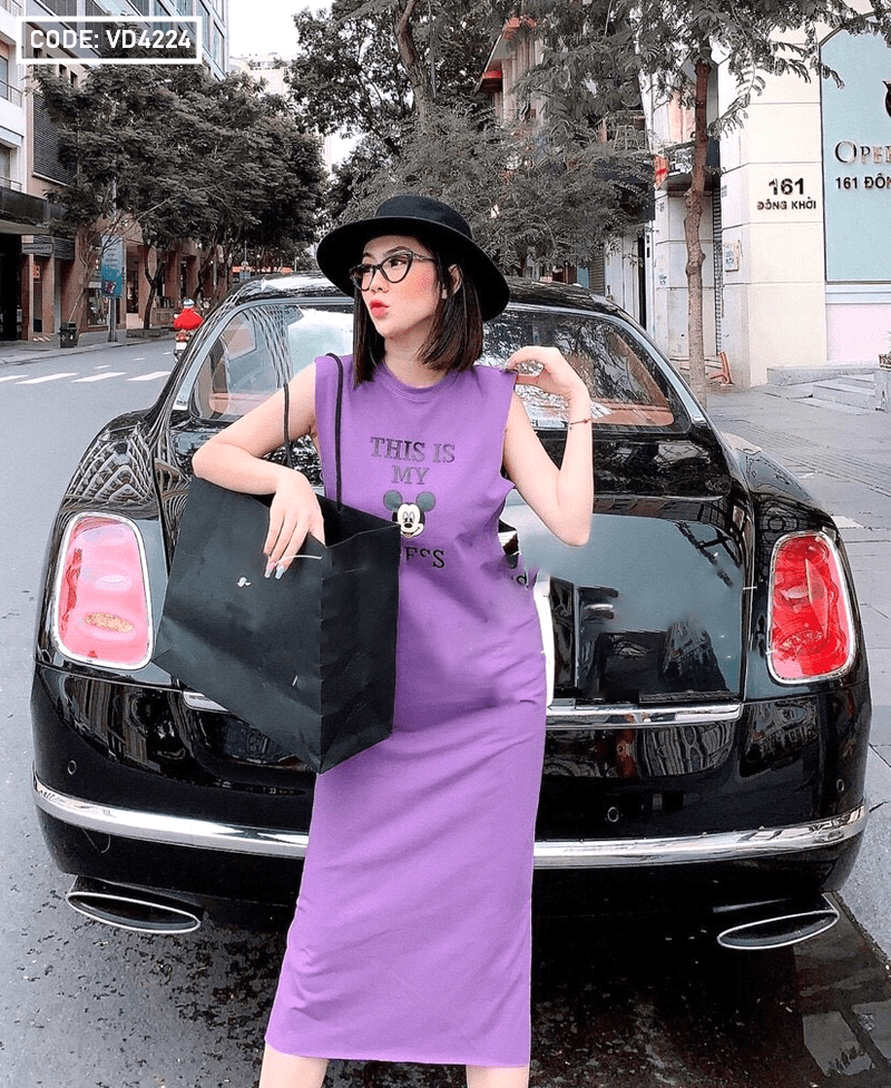 Đầm suông nữ xẻ tà Mickey hàng QC