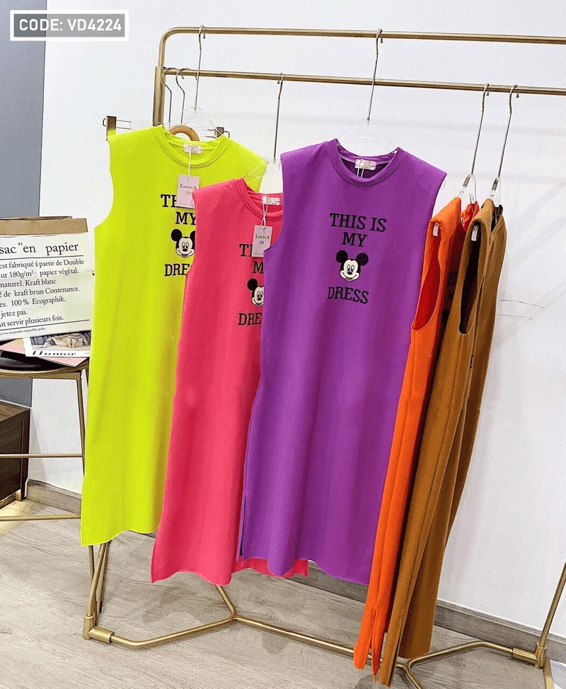 Đầm suông nữ xẻ tà Mickey hàng QC