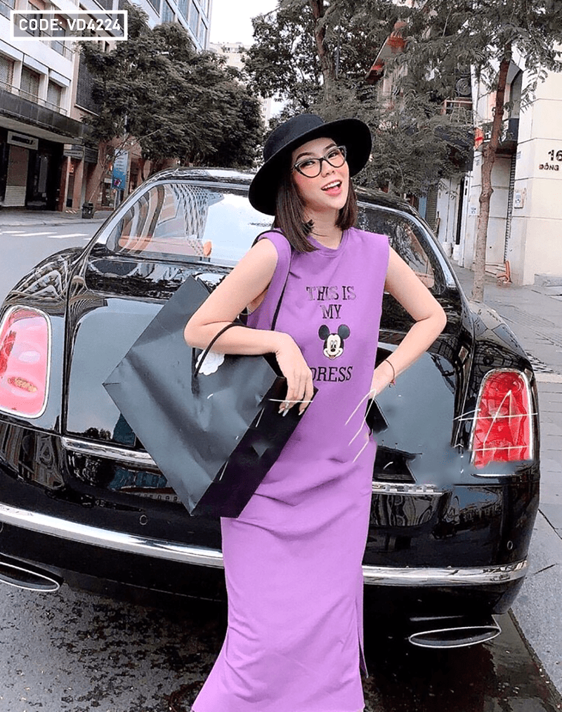 Đầm suông nữ xẻ tà Mickey hàng QC