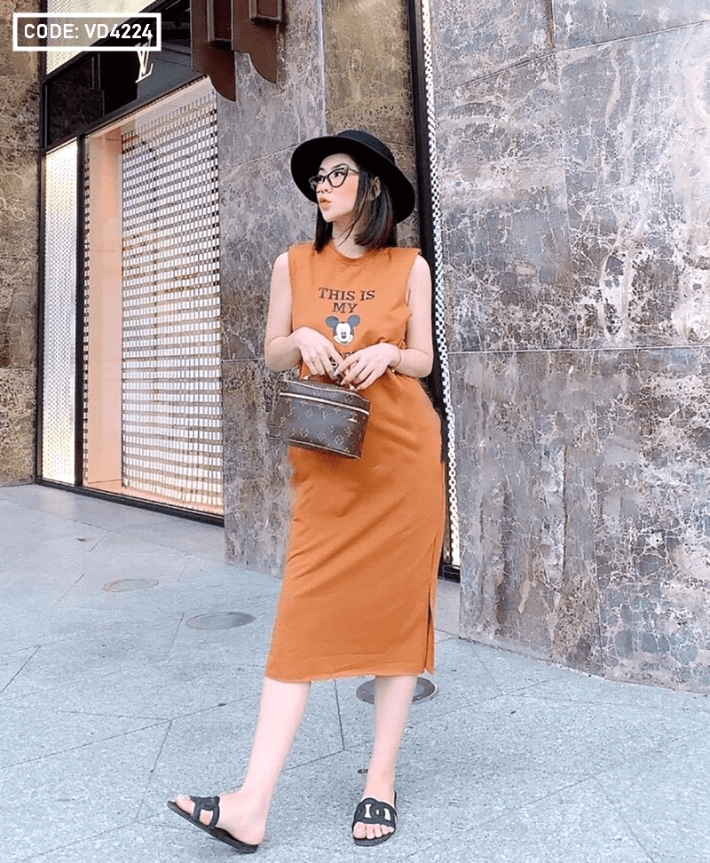 Đầm suông nữ xẻ tà Mickey hàng QC