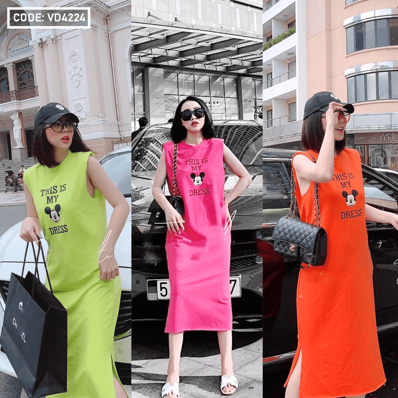 Đầm suông nữ xẻ tà Mickey hàng QC