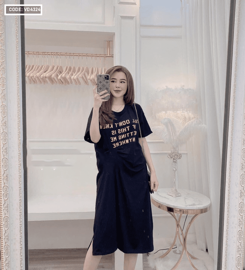 Tìm nguồn hàng sỉ đầm thun in chữ xếp ly eo 2 màu