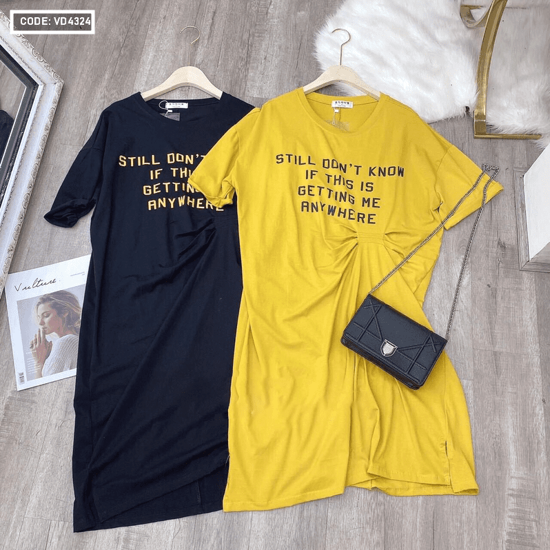 Đầm thun in chữ xếp ly eo 2 màu