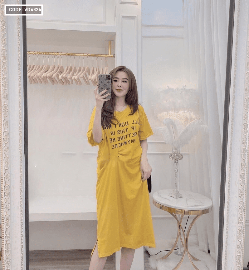Tìm nguồn hàng sỉ đầm thun in chữ xếp ly eo 2 màu