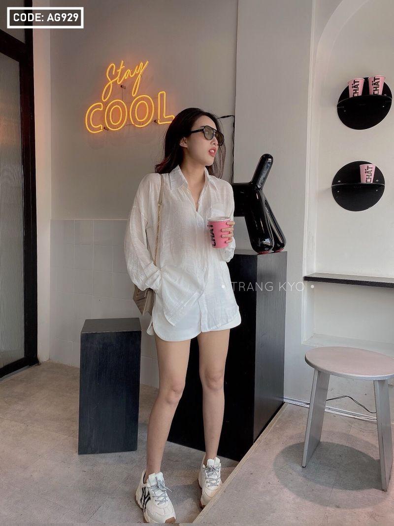 Áo sơ mi trắng form rộng vải xược gân