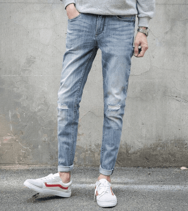 Quần jean dài nam xanh nhạt rách nhẹ