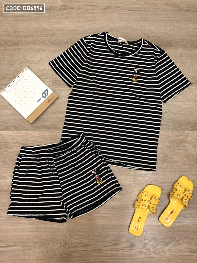 Chuyên bỏ sỉ đồ bộ nữ quần đùi sọc thêu chữ Mickey