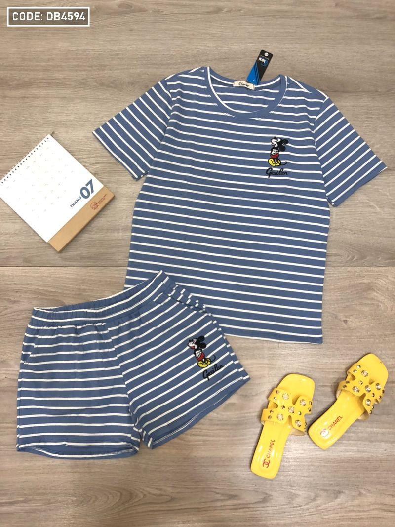 Chuyên bỏ sỉ đồ bộ nữ quần đùi sọc thêu chữ Mickey