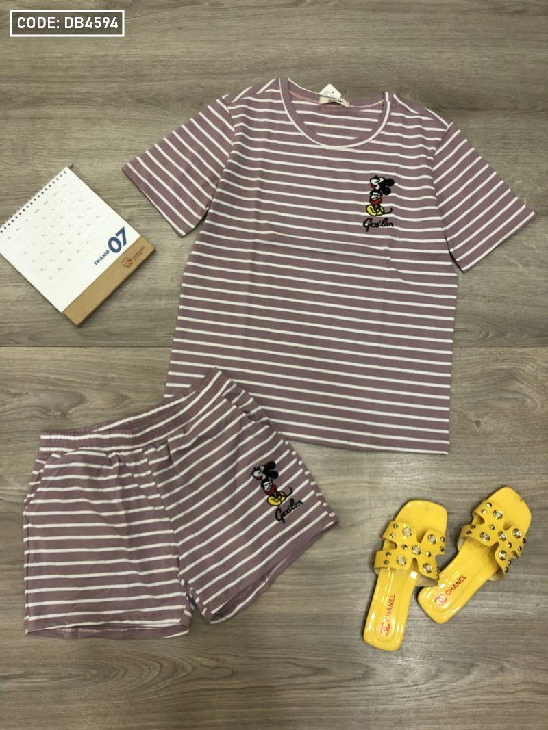 Chuyên bỏ sỉ đồ bộ nữ quần đùi sọc thêu chữ Mickey