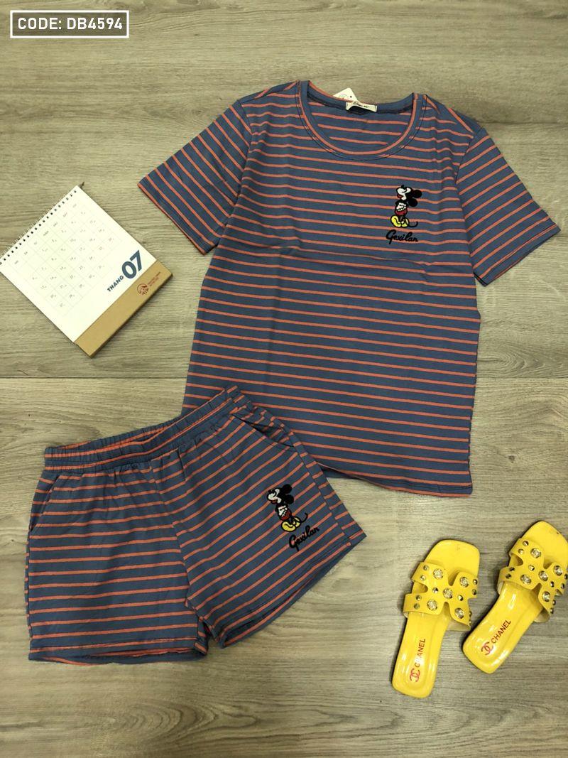 Đồ bộ nữ quần đùi sọc thêu chữ Mickey