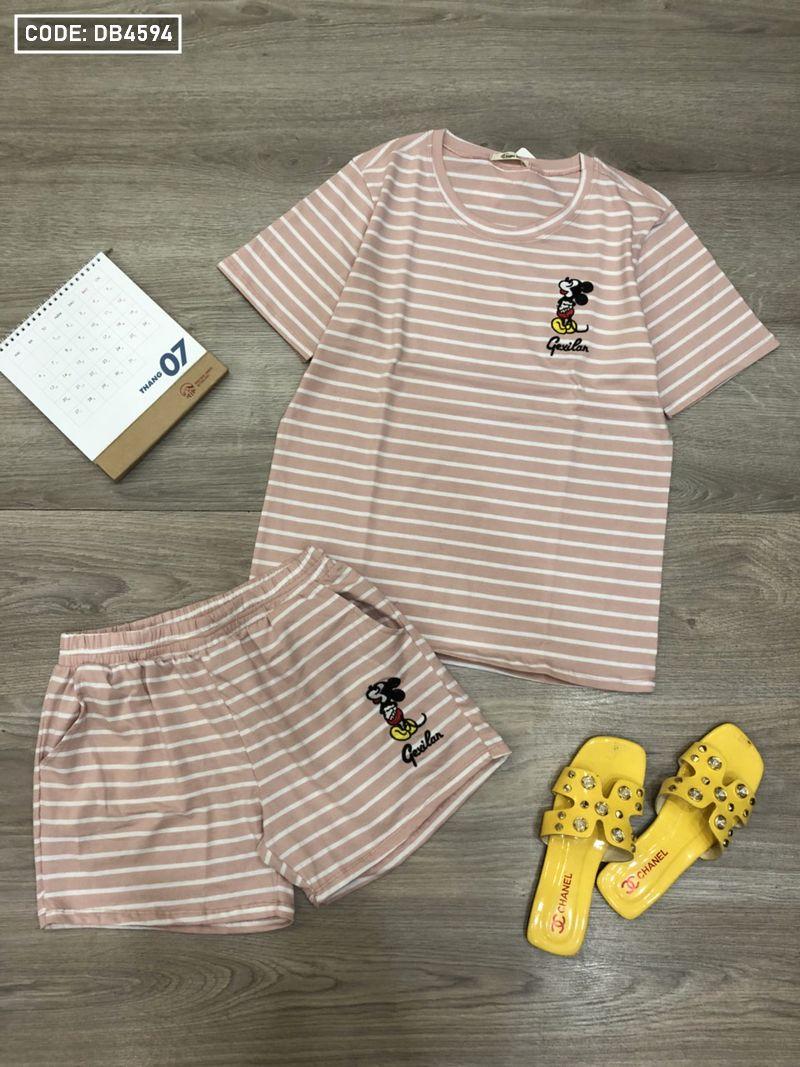 Chuyên bỏ sỉ đồ bộ nữ quần đùi sọc thêu chữ Mickey