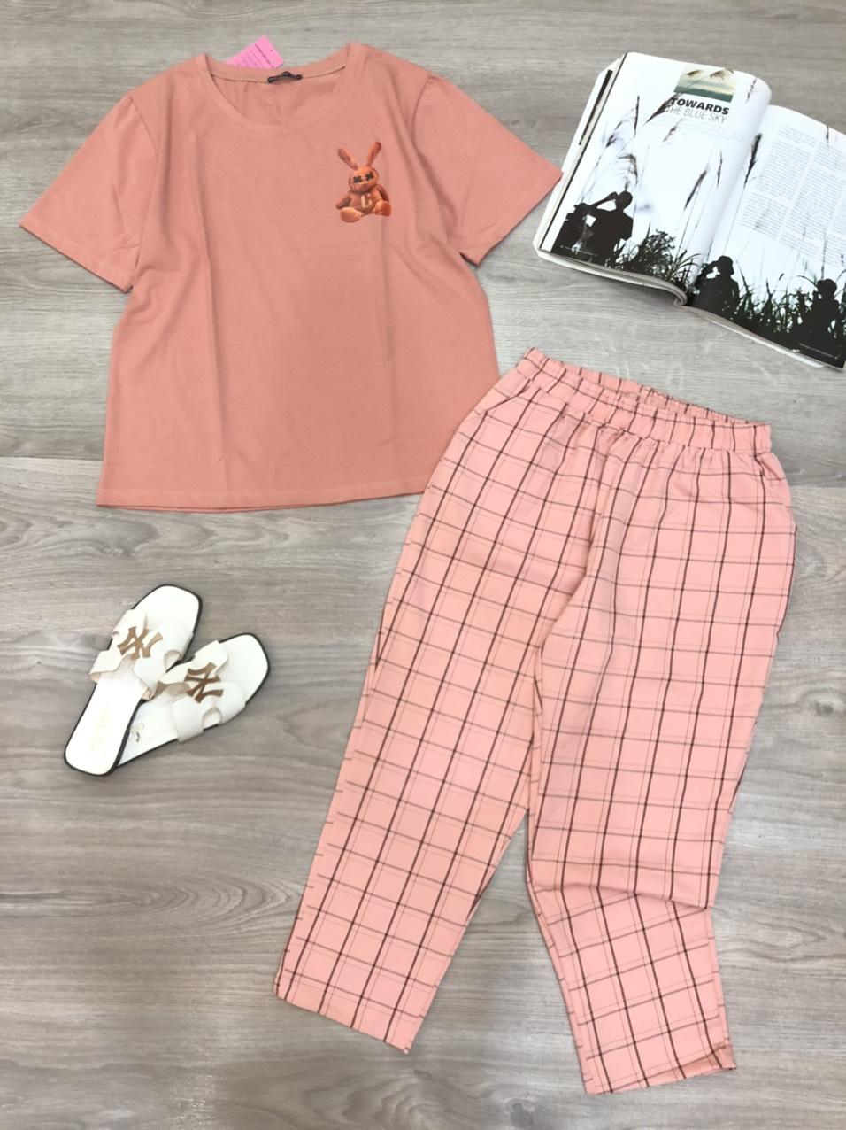 Đồ bộ nữ áo in hình thỏ quần dài caro