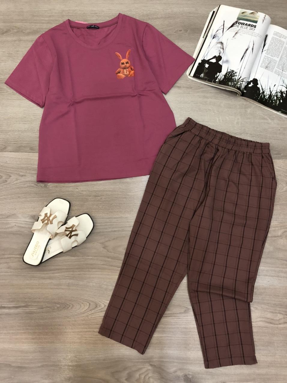 Đồ bộ nữ áo in hình thỏ quần dài caro