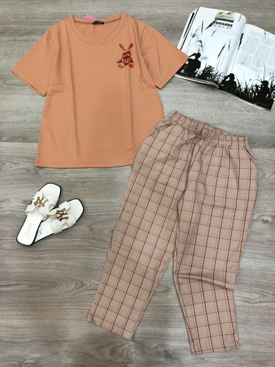 Đồ bộ nữ áo in hình thỏ quần dài caro