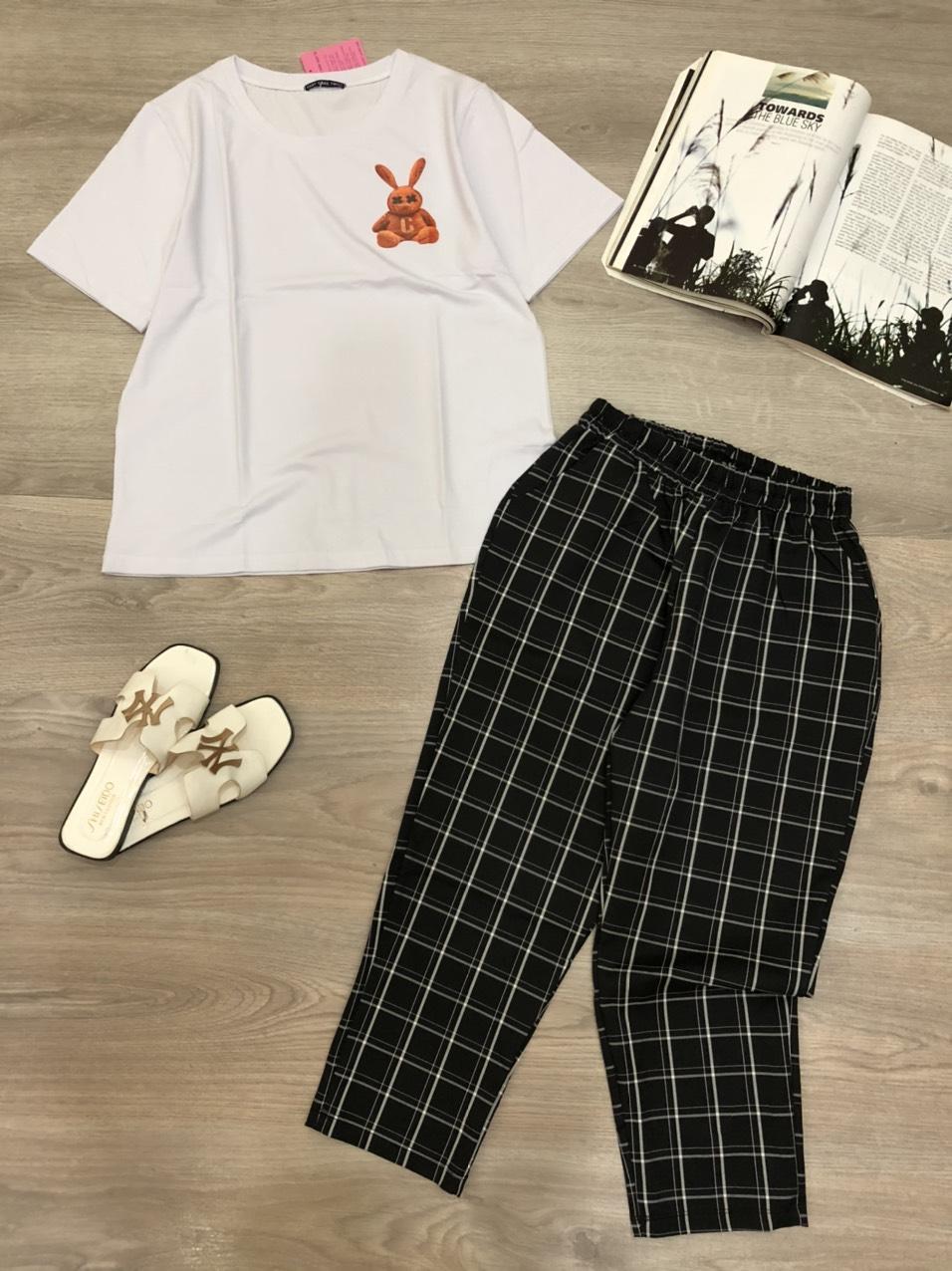 Đồ bộ nữ áo in hình thỏ quần dài caro