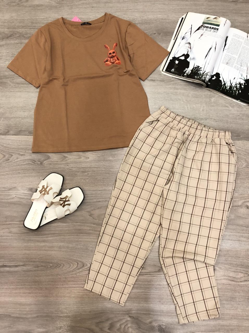 Đồ bộ nữ áo in hình thỏ quần dài caro