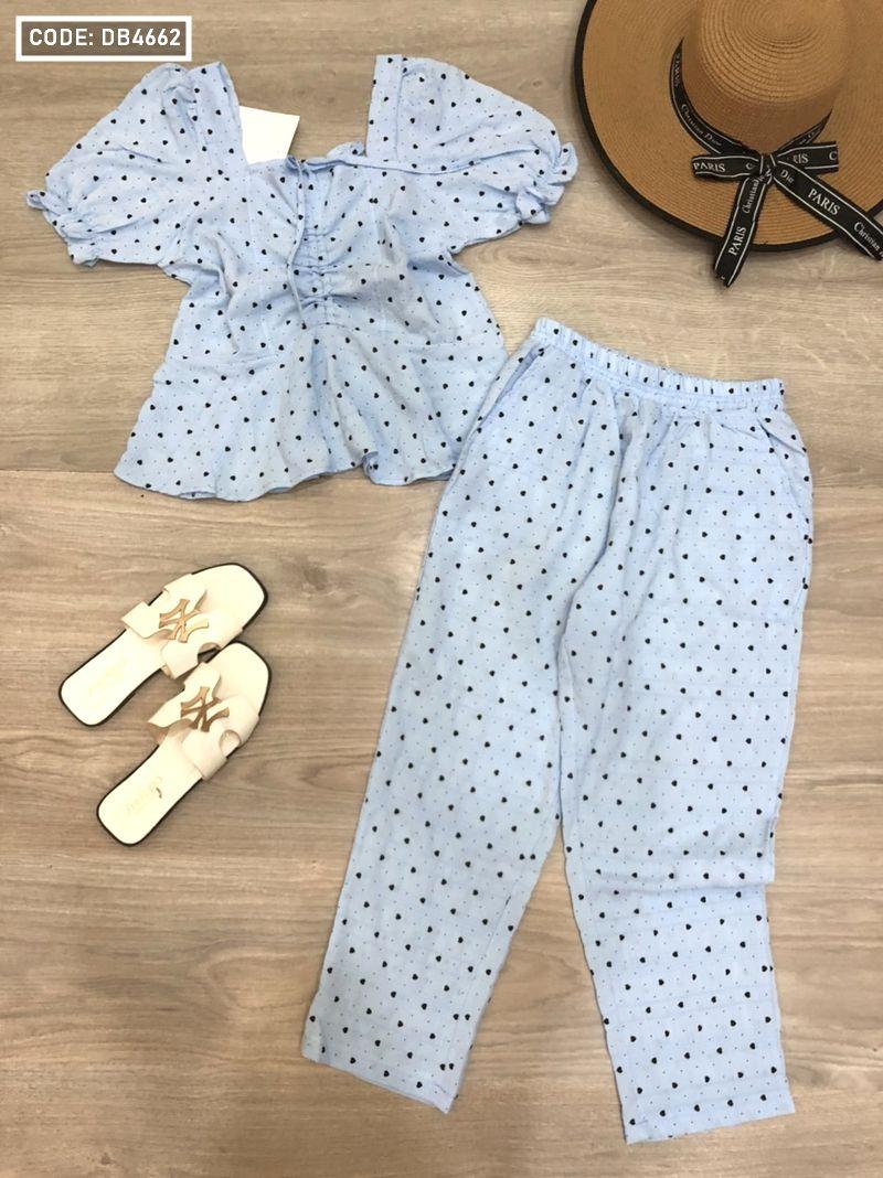 Đồ bộ nữ nhúng ngực quần 9 tấc họa tiết tim