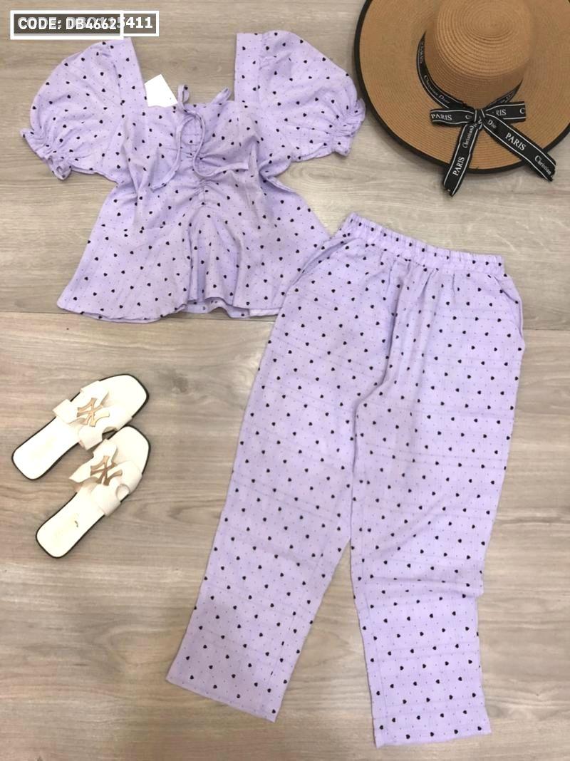 Đồ bộ nữ nhúng ngực quần 9 tấc họa tiết tim