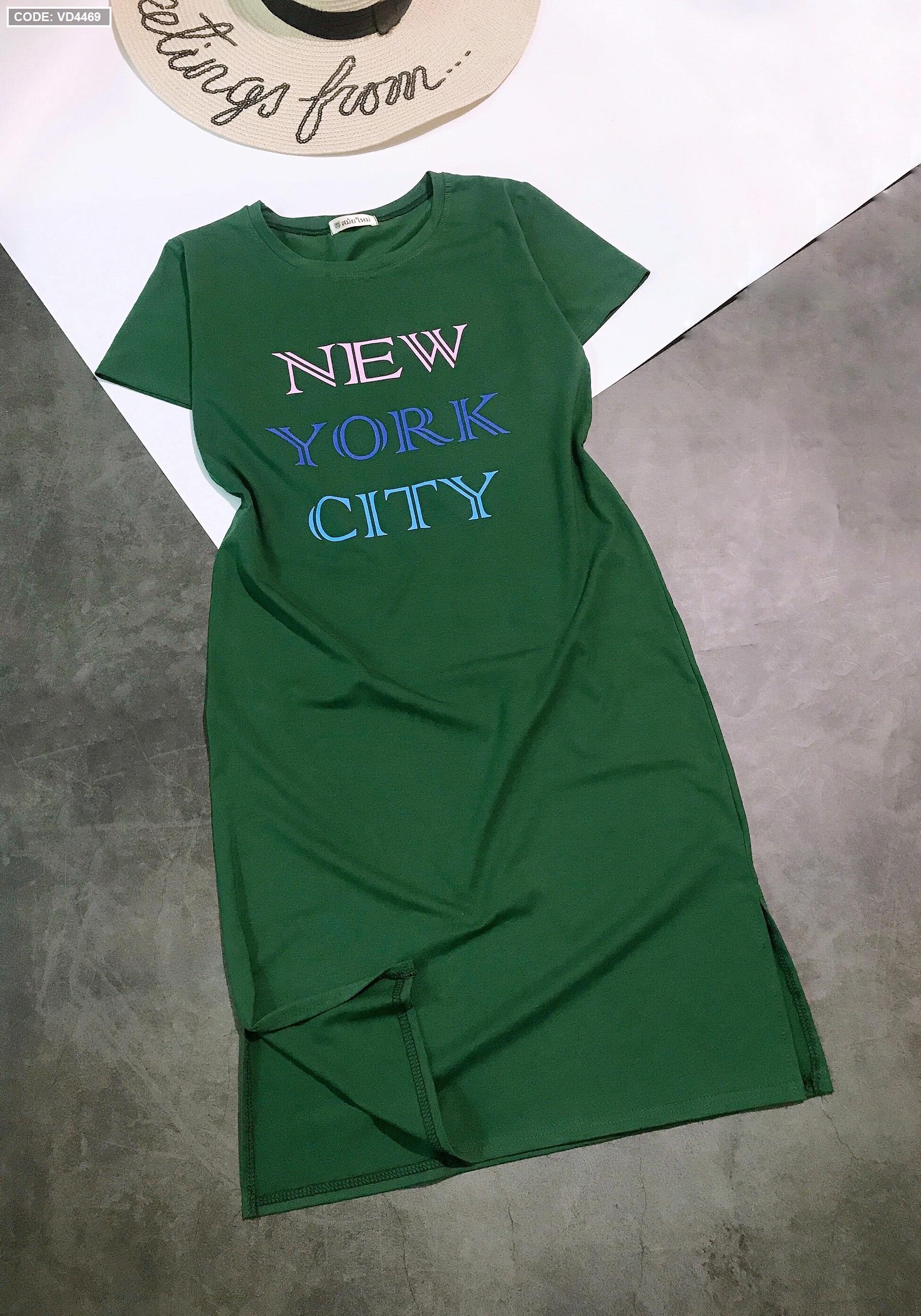 Đầm thun suông xẻ tà in chữ new york