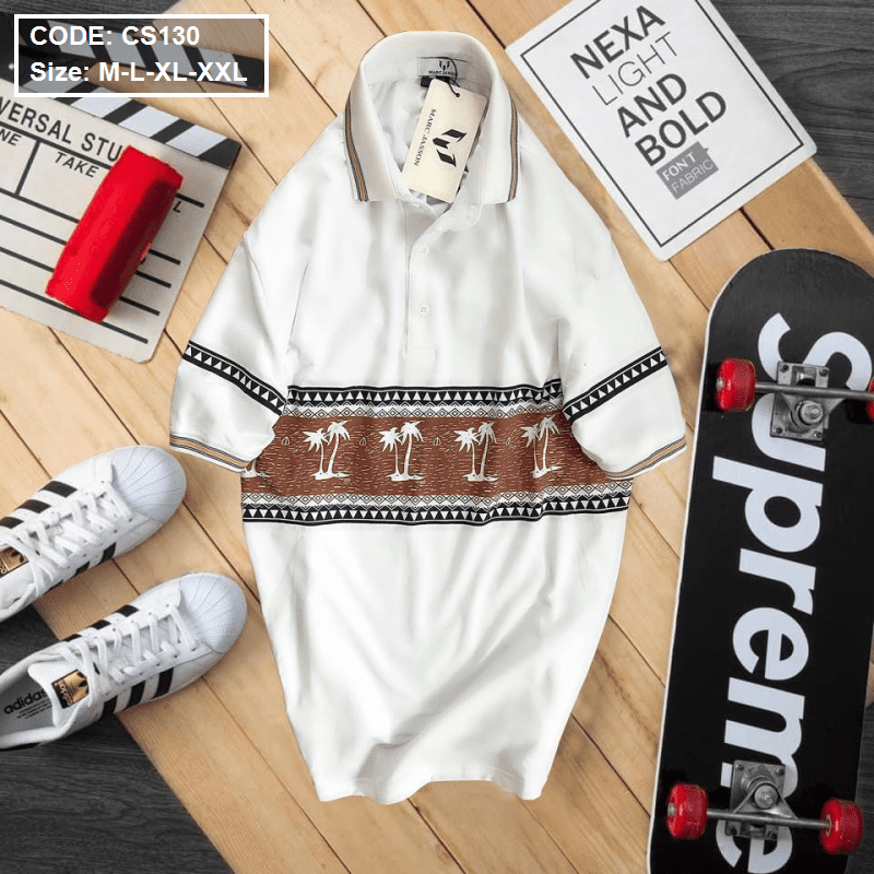Áo thun nam cổ bẻ in cây dừa thun cotton