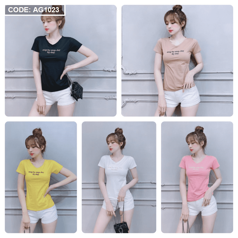 Áo thun nữ cổ tim thêu chữ