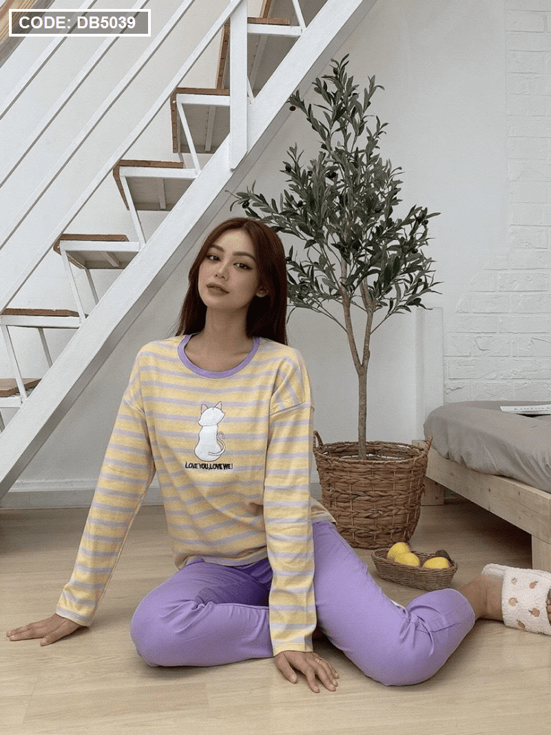 Địa điểm sỉ set bộ nữ tay dài áo sọc thêu mèo