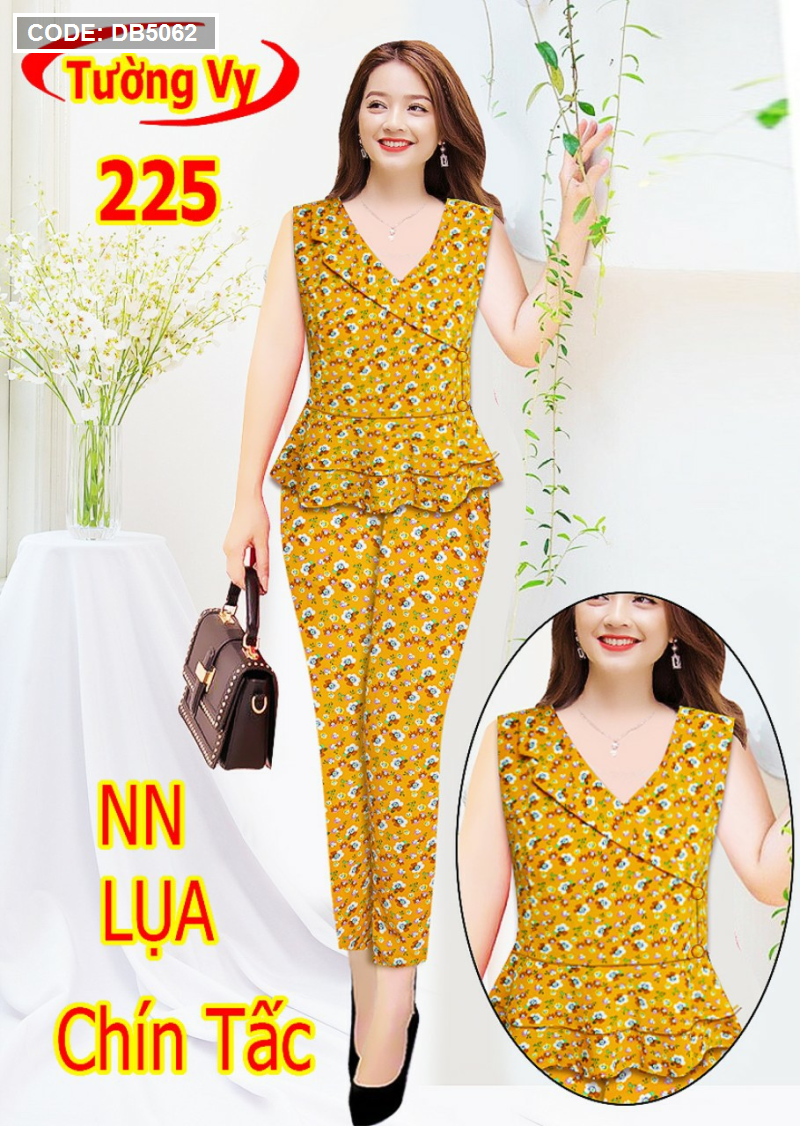 Đồ bộ nữ vải lụa hoa cổ tim bẻ quần 9 tấc