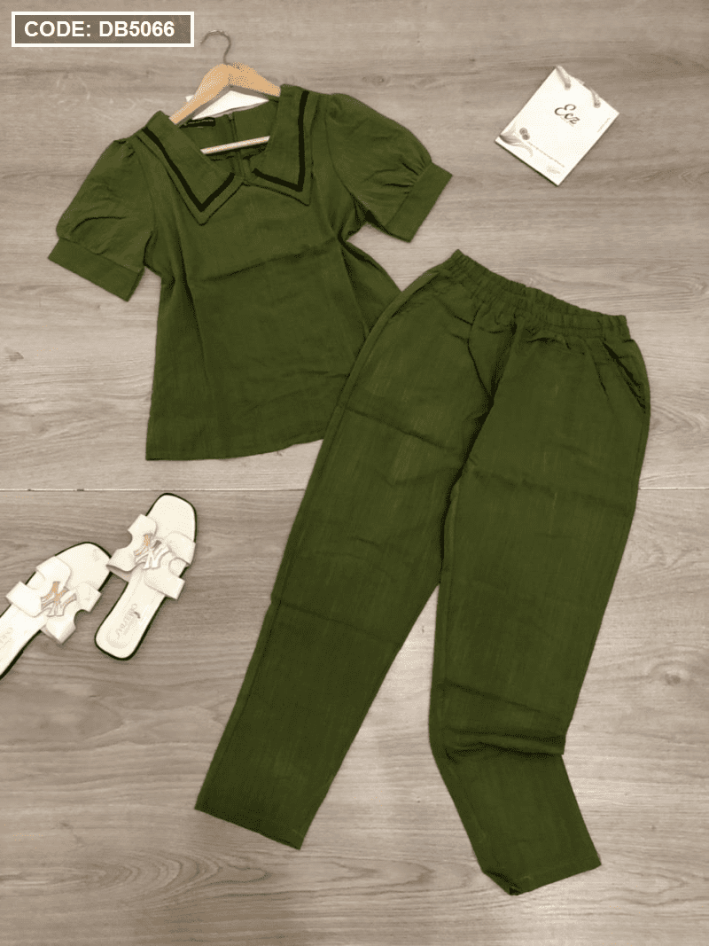 Set đồ bộ nữ cổ bẻ viền đen quần dài