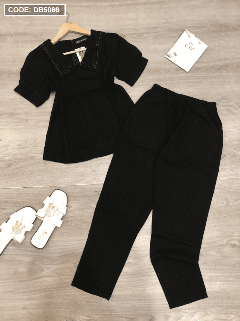 Set đồ bộ nữ cổ bẻ viền đen quần dài