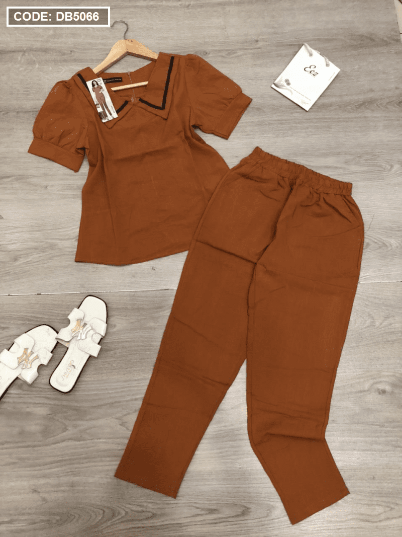 Set đồ bộ nữ cổ bẻ viền đen quần dài