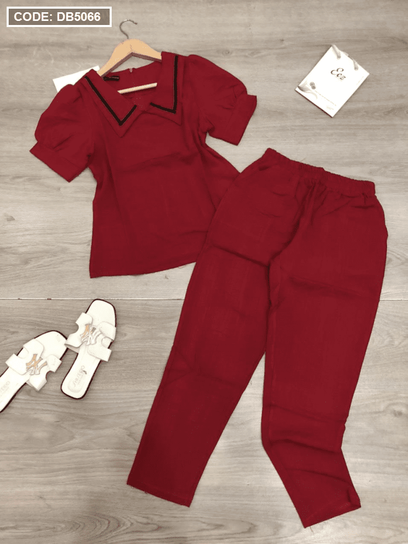 Set đồ bộ nữ cổ bẻ viền đen quần dài