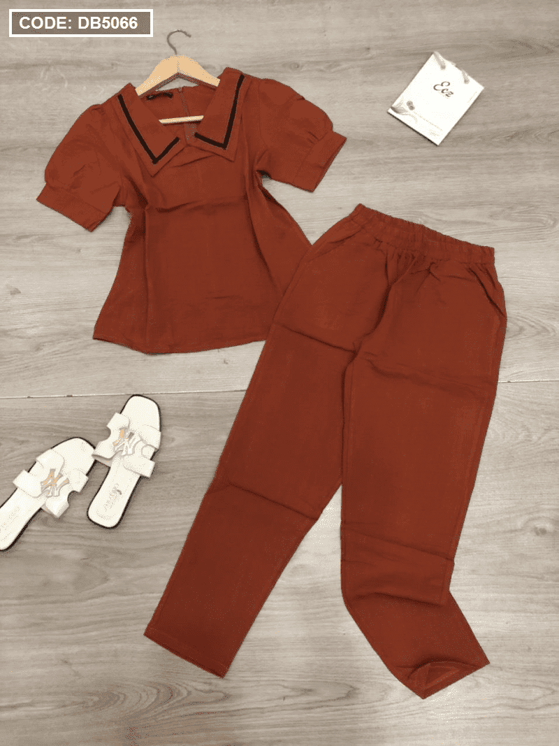 Set đồ bộ nữ cổ bẻ viền đen quần dài