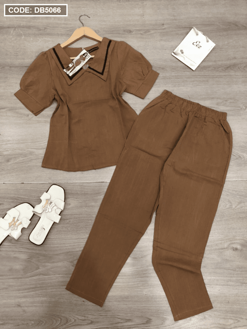 Set đồ bộ nữ cổ bẻ viền đen quần dài