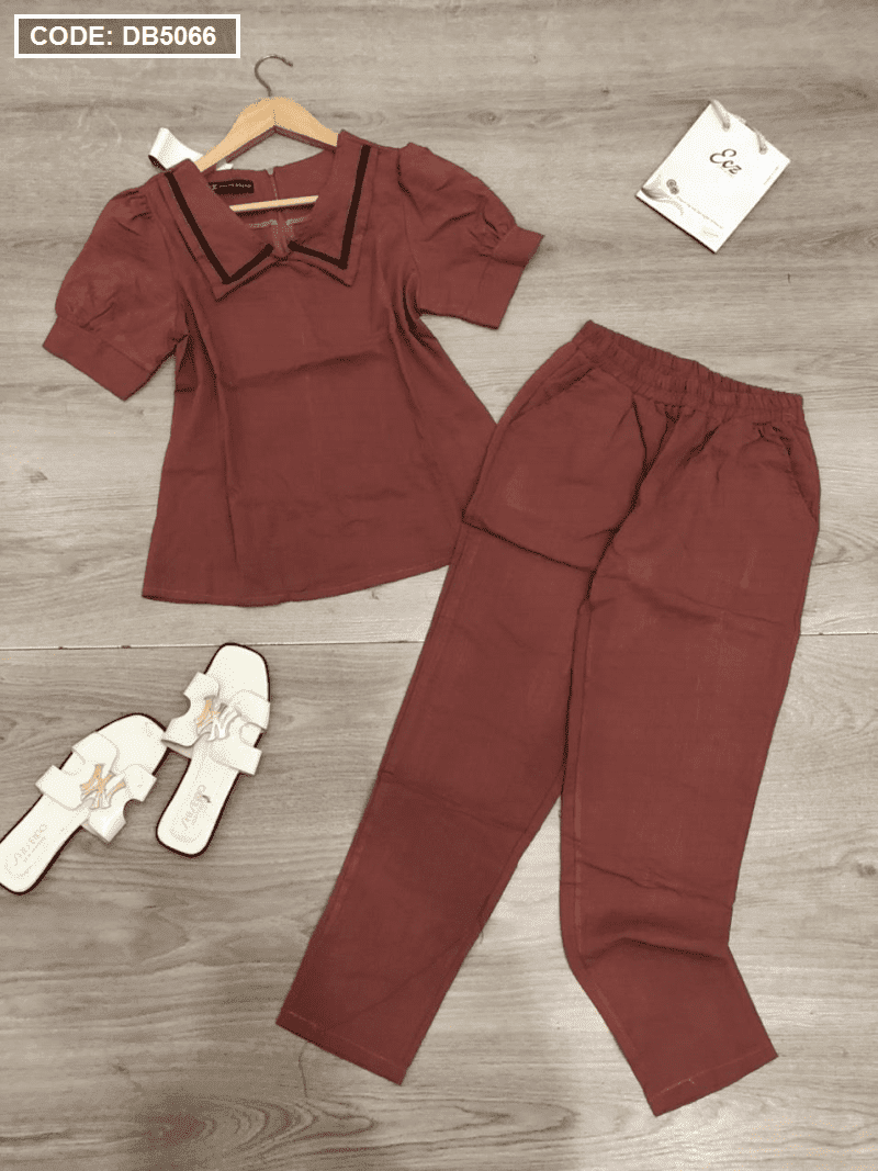 Set đồ bộ nữ cổ bẻ viền đen quần dài