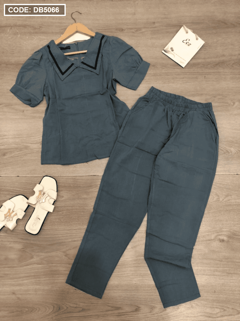 Set đồ bộ nữ cổ bẻ viền đen quần dài