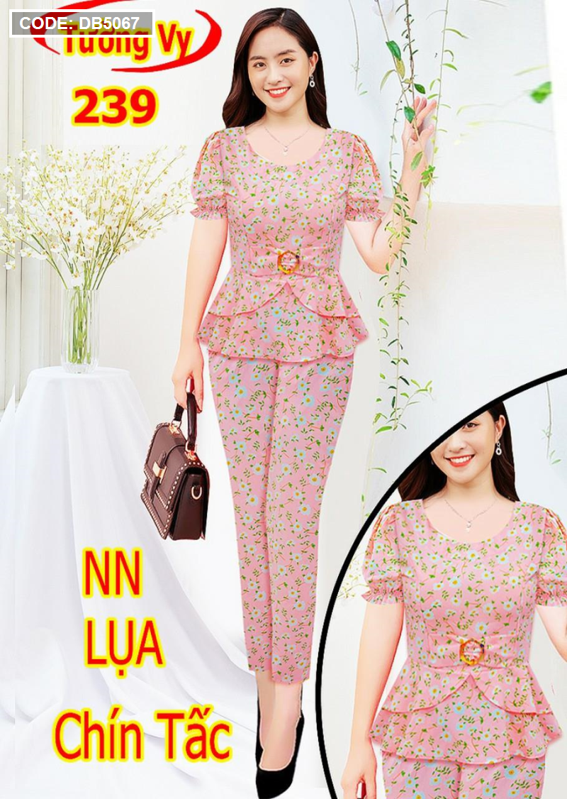 Đồ bộ nữ hoa nhí áo phối khoen quần 9 tấc vải lụa