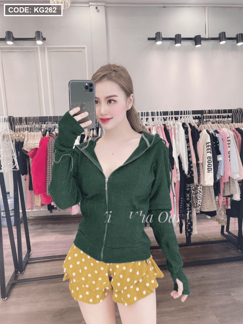 Áo khoác nữ trơn tay xỏ ngón thun gân