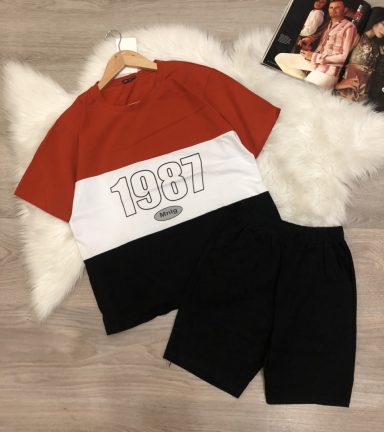 Set đồ bộ nữ áo phối màu in chữ 1987 quần ngố thun cotton - DB5519