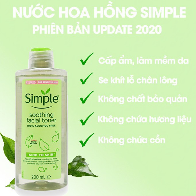 Nước hoa hồng Simple Kind to Skin Soothing Facial Toner 200ml chính hãng - 5011451103856