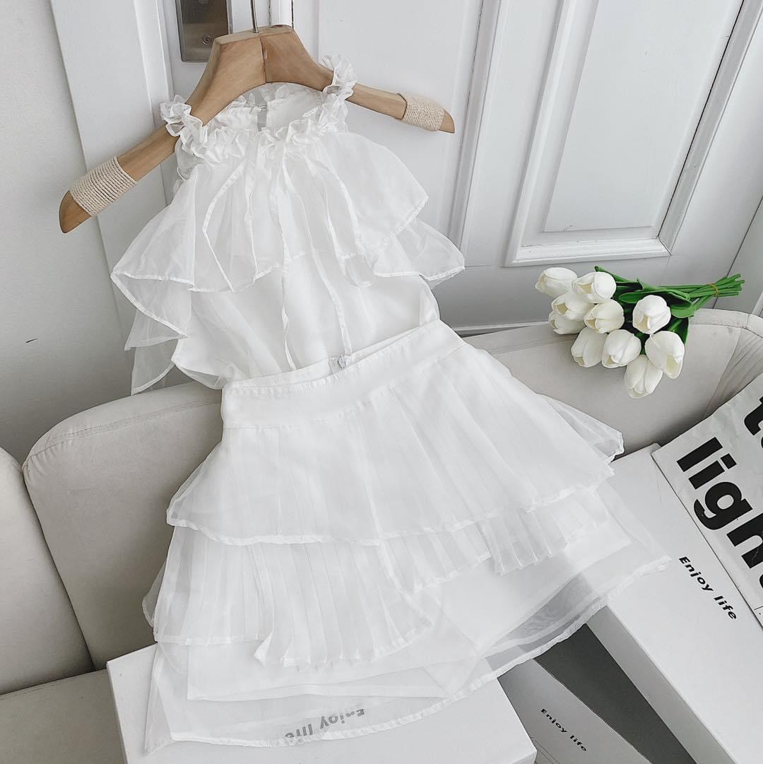 Set váy tầng trắng tiểu thư áo dài tay loe cổ nơ phối chân váy xếp tầng kèm  áo lót trong V0035 chất voan tơ AĐ BOUTIQUE - Tìm Voucher