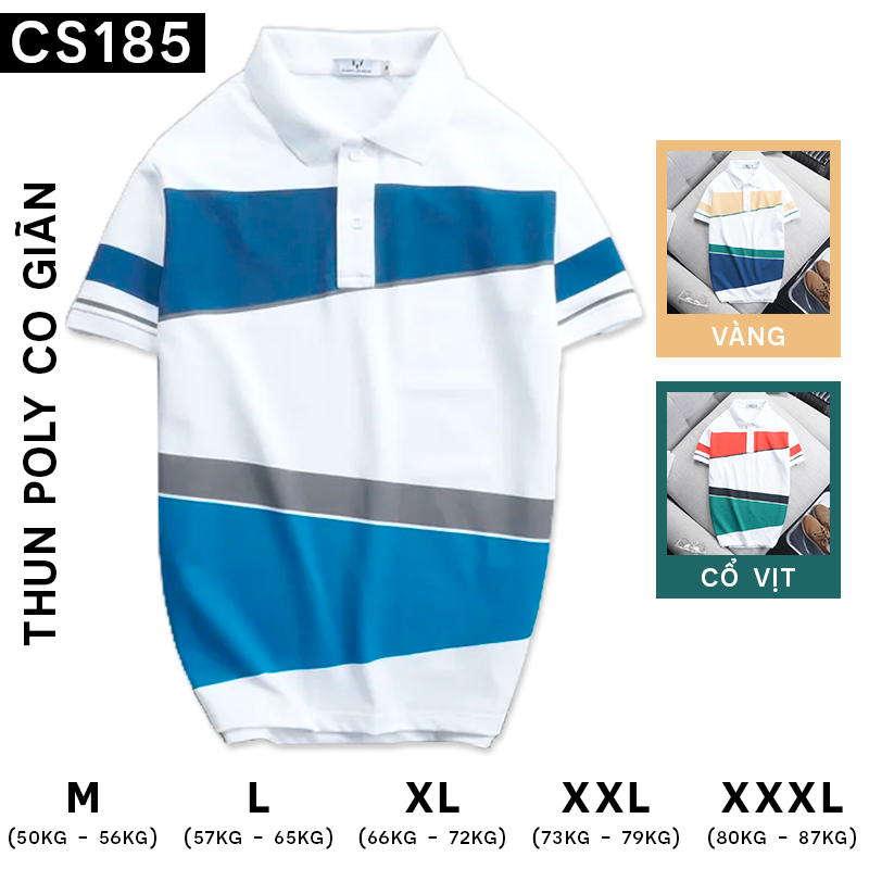 17491-0838203650-cs185b.png Áo Thun Polo Nam Cá Sấu Poly Phối Kẻ Sọc Màu (Có Size 3XL) - CS185
